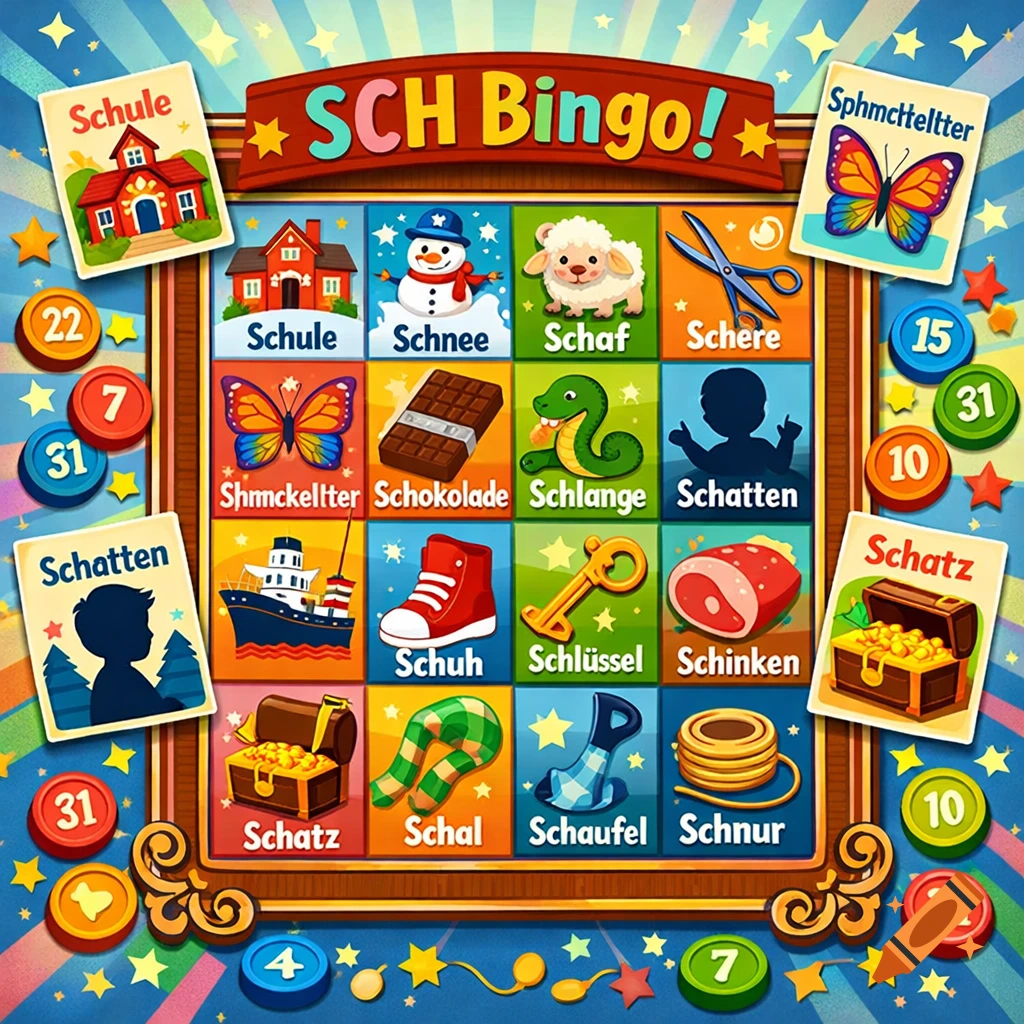A colorful bingo game board titled "SCH Bingo!" filled with various items like a school, snowman, sheep, and objects, all beginning with 'sch' sounds in German, set against a starry blue background.