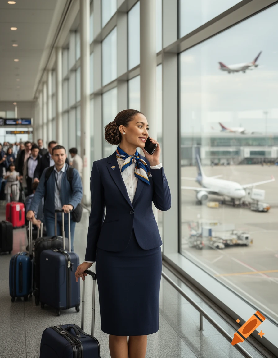 Photorealistic image of a smiling flight attendant on a phone call in an airport, with planes visible outside a large window.