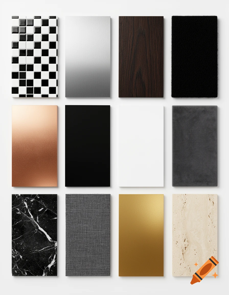 A 3x4 grid of various material and color samples, including checkerboard tiles, brushed steel, dark wood, black fabric, copper, matte black, white, gray velvet, black marble, gray linen, gold metallic, and beige travertine.