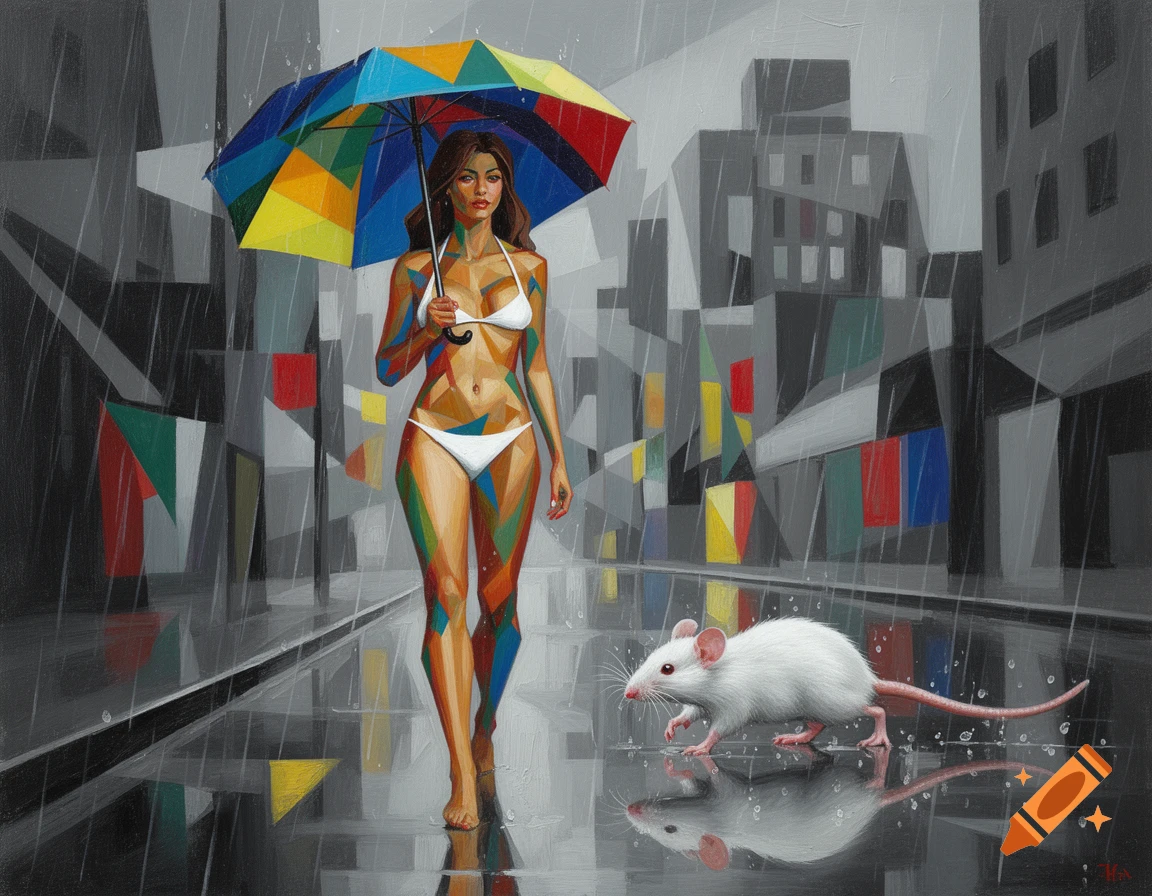 A cubist oil painting of a woman in a white bikini and rainbow umbrella walking on a rainy street, with a photorealistic white mouse.