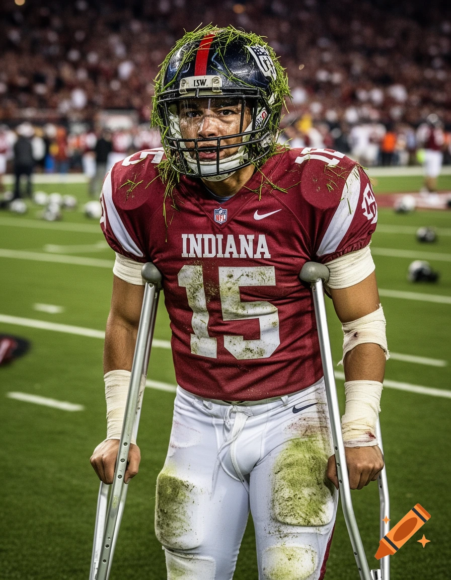 A photorealistic image of a football player on crutches, wearing a grass-covered helmet and dirty Indiana #15 jersey on a field.