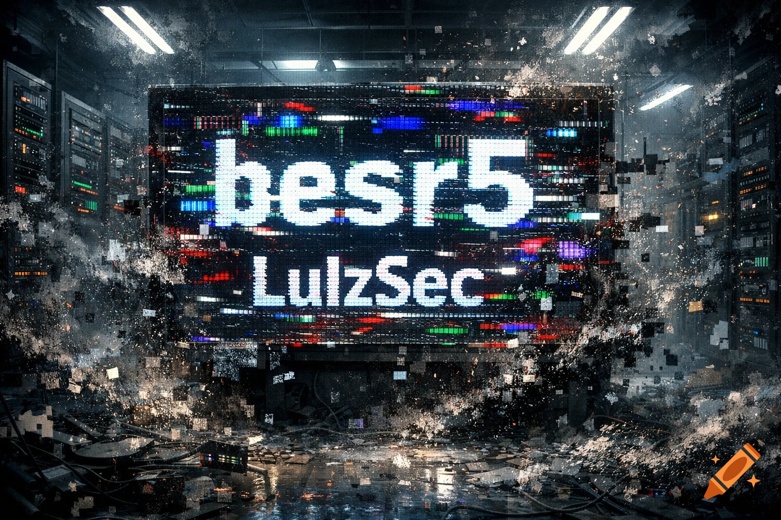 A glitching screen displaying 'besr5 LulzSec' amidst digital corruption ...