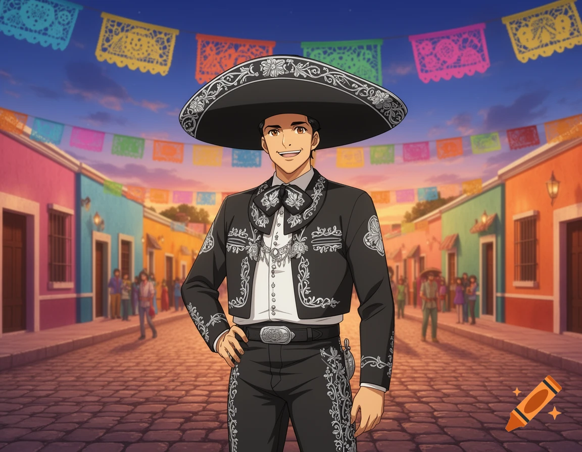 Anime-style illustration of a man in a black charro suit and sombrero, standing on a cobblestone street in a colorful Mexican town with papel picado.