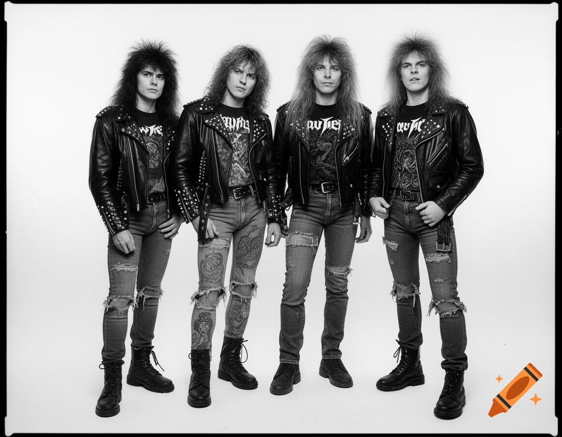Black and white photograph of four men with big hair wearing studded leather jackets and ripped jeans, posing as a heavy metal band.