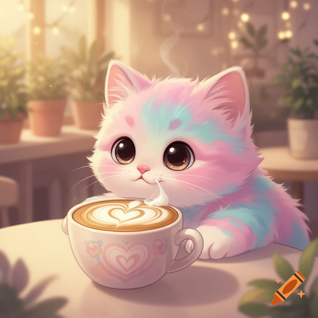 A cute, pastel-colored cartoon kitten with big eyes sips a latte with heart art in a warm cafe.