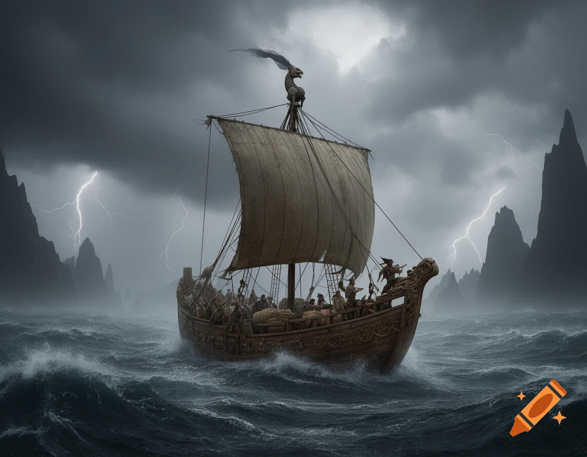 An ancient ship with people on board battles a stormy sea under a dark sky with lightning and jagged mountains.