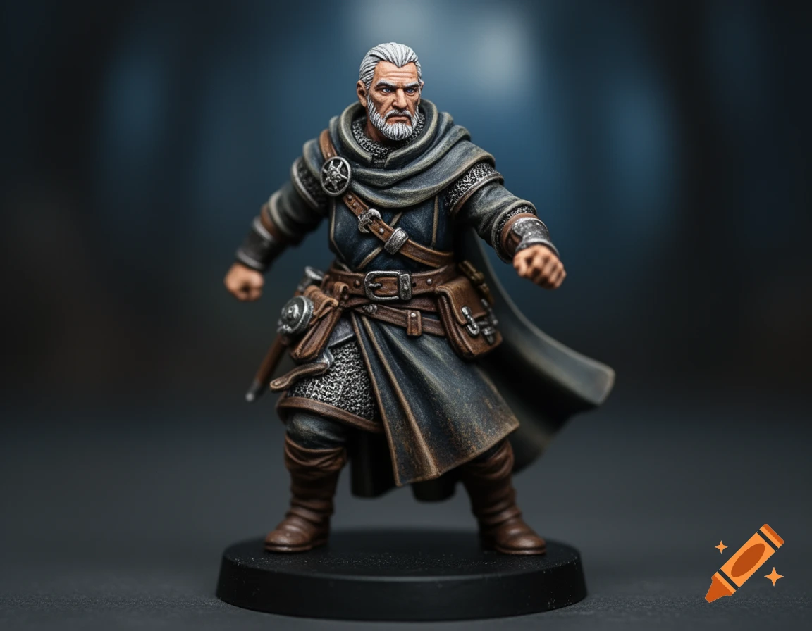 Macro photo of a highly detailed, hand-painted miniature figure of a bearded fantasy warrior in armor, standing on a black base.