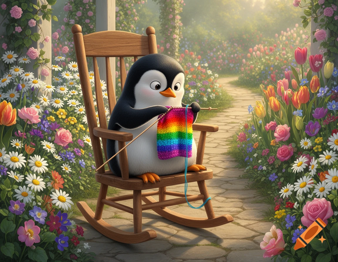 A cute cartoon penguin sits on a wooden rocking chair, knitting a rainbow garment on a flower-filled garden path.