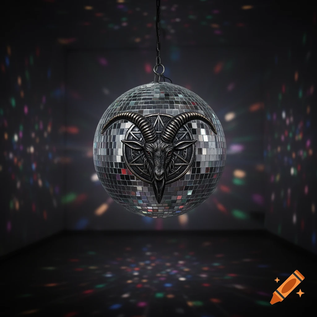 A photorealistic image of a disco ball featuring a metallic Baphomet sigil, hanging in a dark room with colorful light reflections.