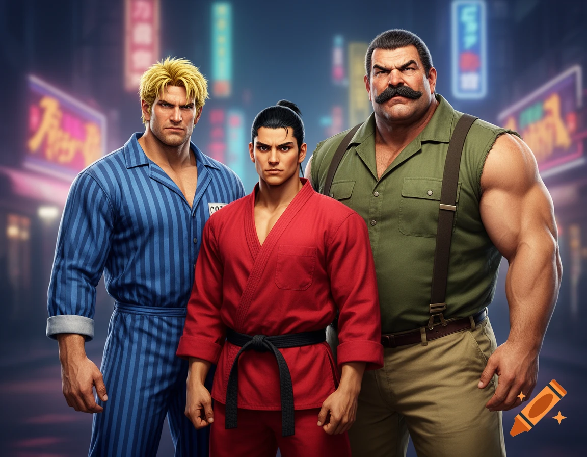 Three muscular men from Final Fight, Cody, Guy, and Mayor Haggar, pose in a realistic style against a blurred neon city background.