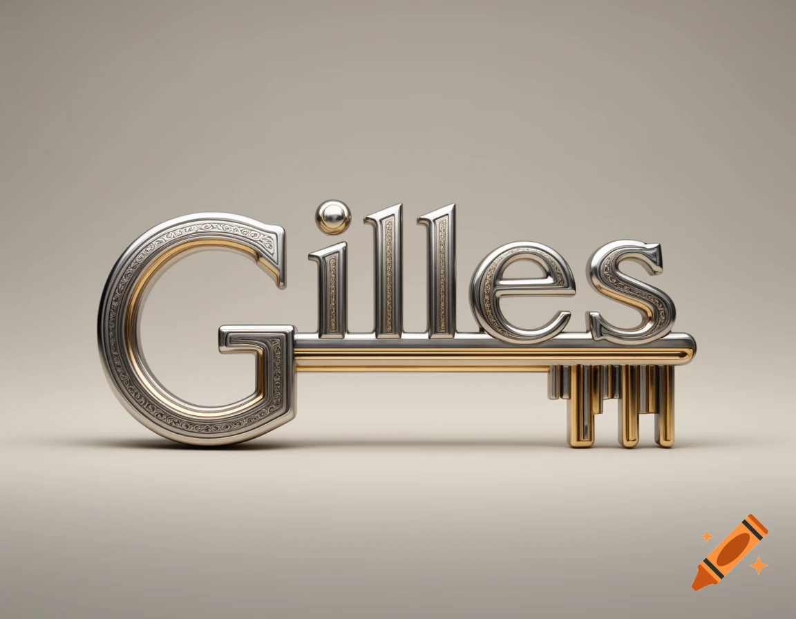 A shiny metallic key spelling 'Gilles', with the letter G forming the circular bow and the other letters forming the key's stem.