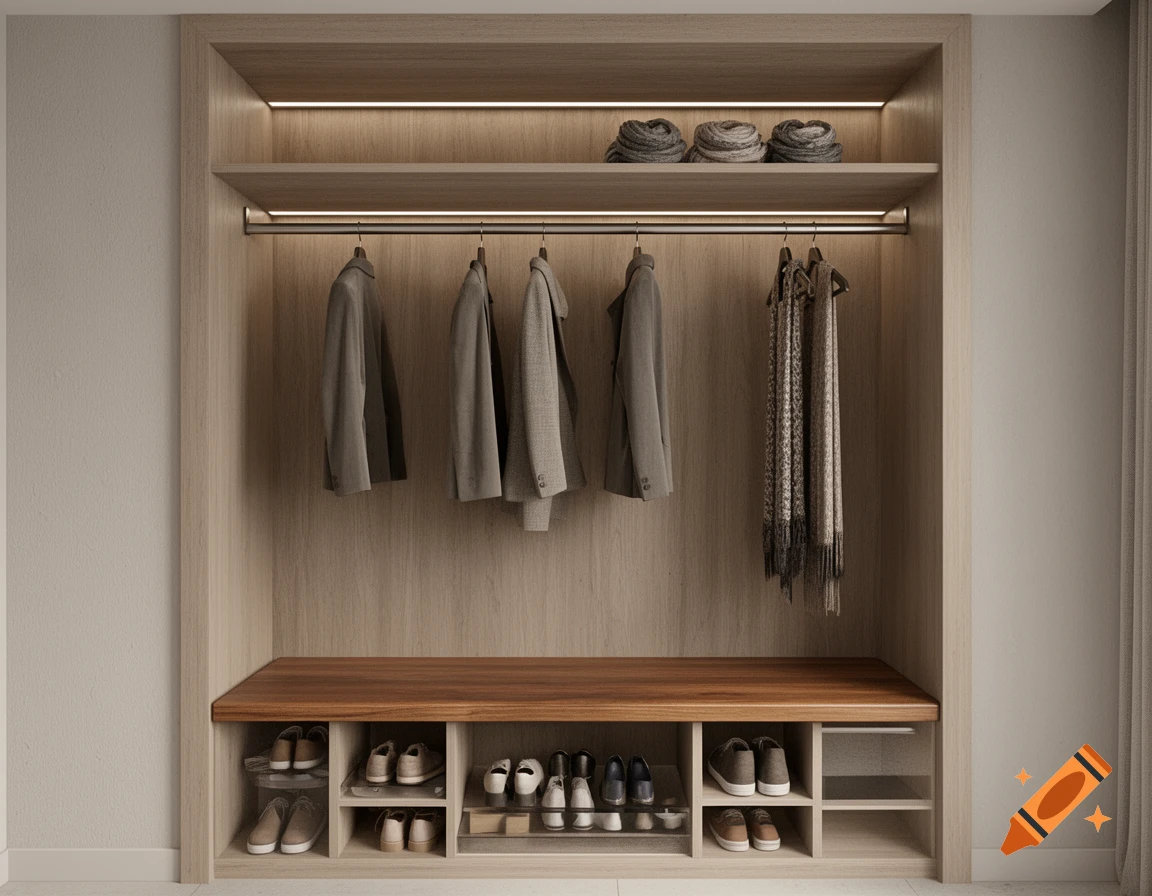 Photorealistic 3D image of a modern wooden wardrobe with a bench, hanging rod, shelves, and shoe compartments.