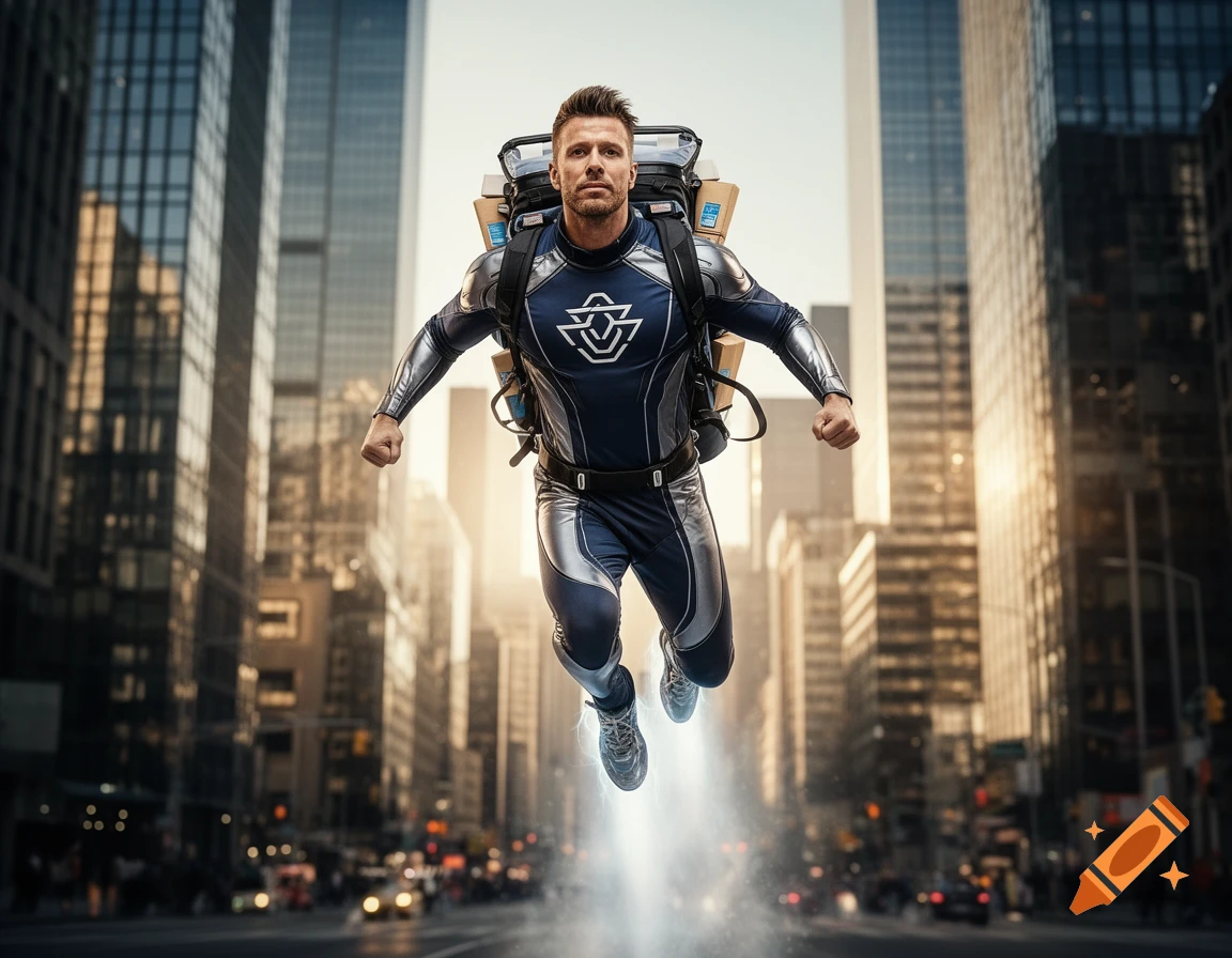 Muscular man in a futuristic blue and silver superhero suit with a jetpack delivering packages flies through an urban street.