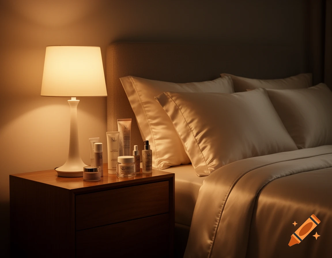 Photorealistic bedroom at night with skincare products and a lamp on a nightstand, and silk bedding.