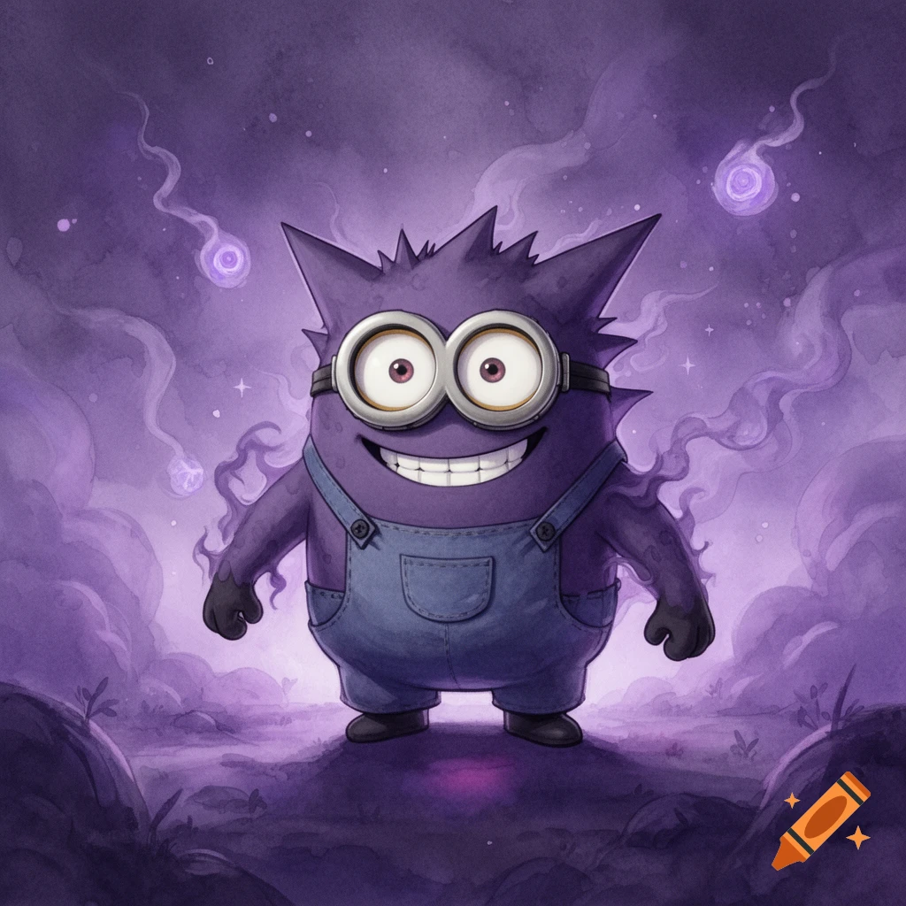 A smiling purple Minion-Gengar hybrid character wearing denim overalls and goggles, surrounded by purple smoke and glowing orbs in a mystical purple landscape, in a digital painting style.