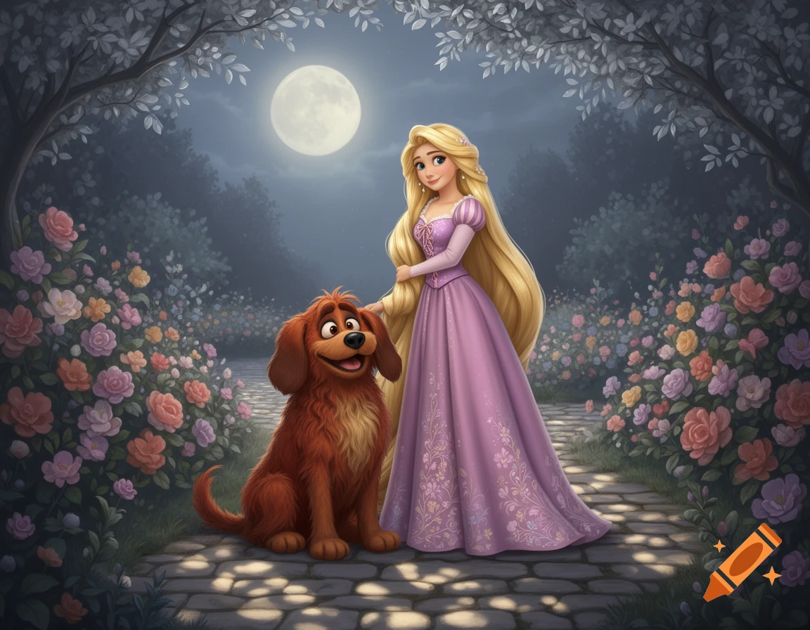 Rapunzel in a purple dress with long blonde hair petting a brown dog on a moonlit garden path filled with colorful flowers, cartoon style.