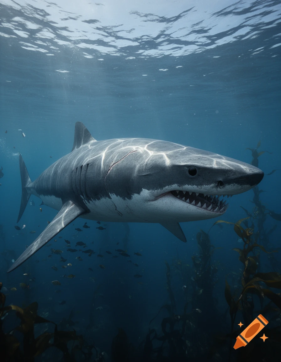 A photorealistic image of a large shark, possibly a Megalodon, swimming underwater with sun rays piercing the surface and kelp in the foreground.