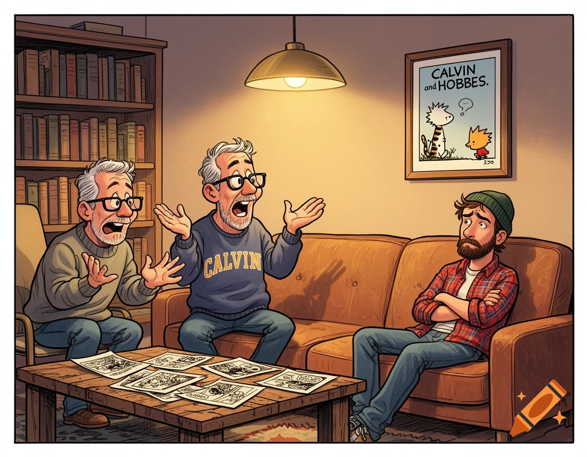Two older men animatedly explain Calvin and Hobbes comics to a confused younger man in a living room, cartoon style.