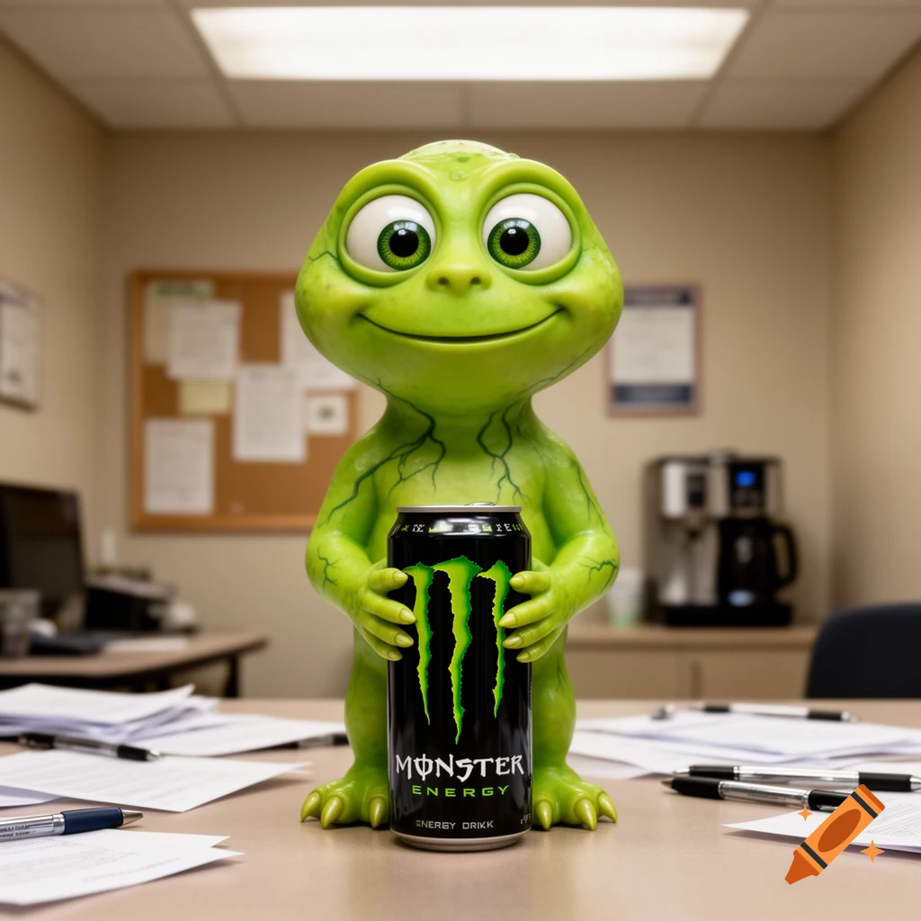 A smiling, green, cartoonish creature holding a black Monster Energy drink can on an office desk.