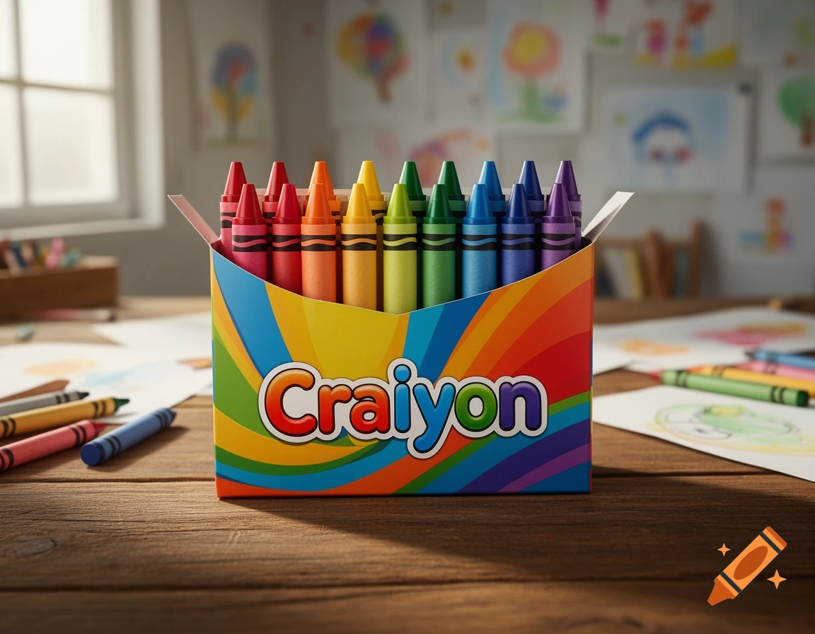A colorful box of Craiyon crayons sits on a wooden table with scattered drawings and other art supplies in a bright room.