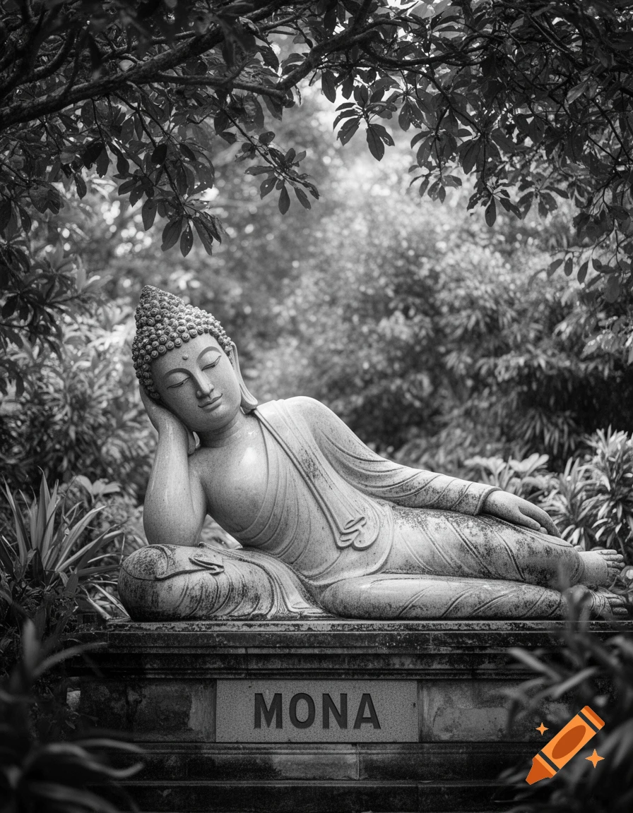 A black and white photorealistic image of a reclining Buddha statue in a lush garden, with the name "MONA" inscribed on its base.