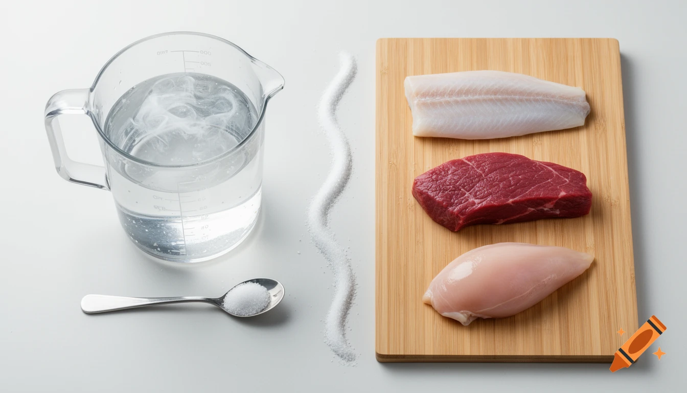 A top-down view of a clear measuring jug with dissolving salt in water, a spoon of salt, and a wooden board with raw fish, beef, and chicken.