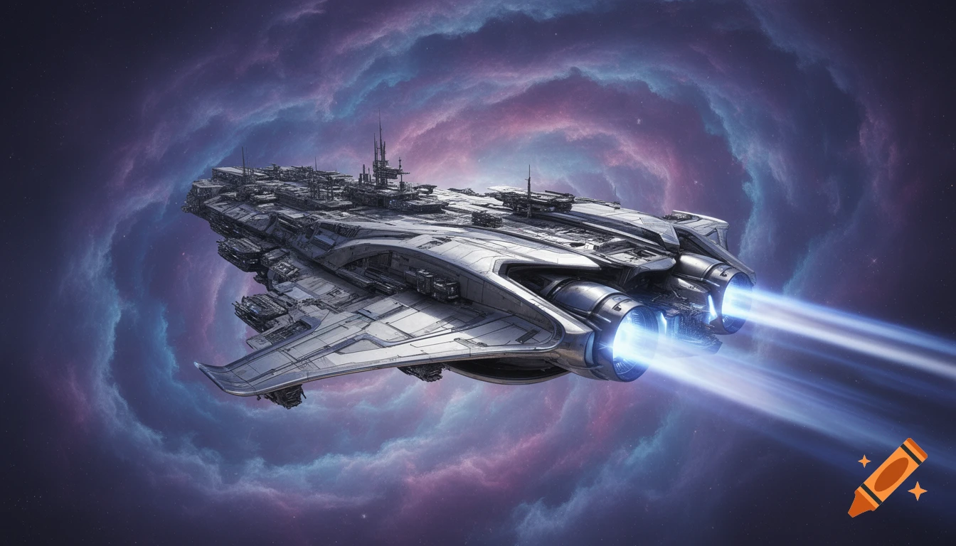 A highly detailed, futuristic spaceship with powerful engines flying through a vibrant purple and blue nebula.