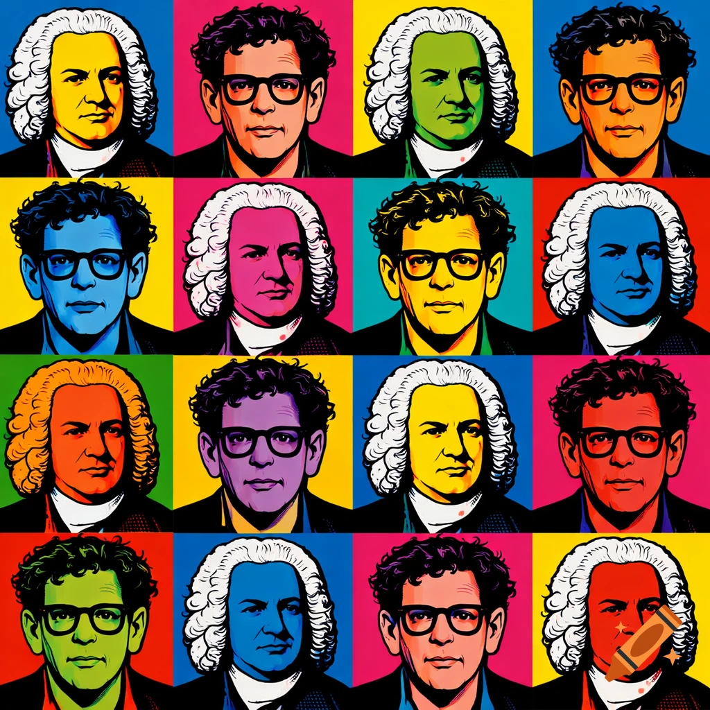Pop art grid of 16 colorful portraits featuring Johann Sebastian Bach and Philip Glass in the style of Andy Warhol.