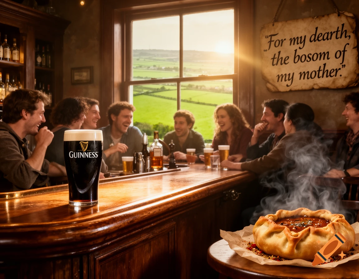 A group of people laughing and drinking Guinness at a pub counter, with a view of green fields outside a window, and a steaming meat pie on a stool.