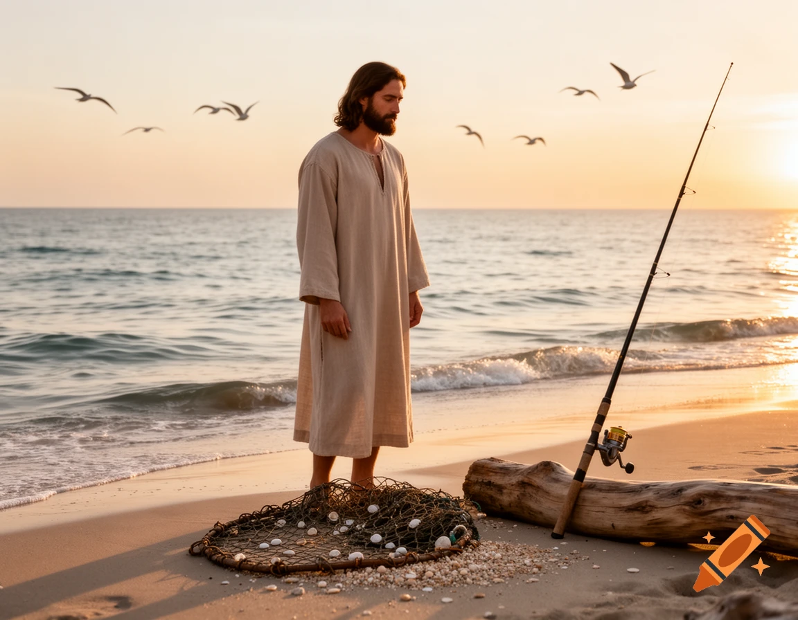 A man resembling Jesus stands on a beach with a fishing rod and net at sunset, with seagulls flying above.