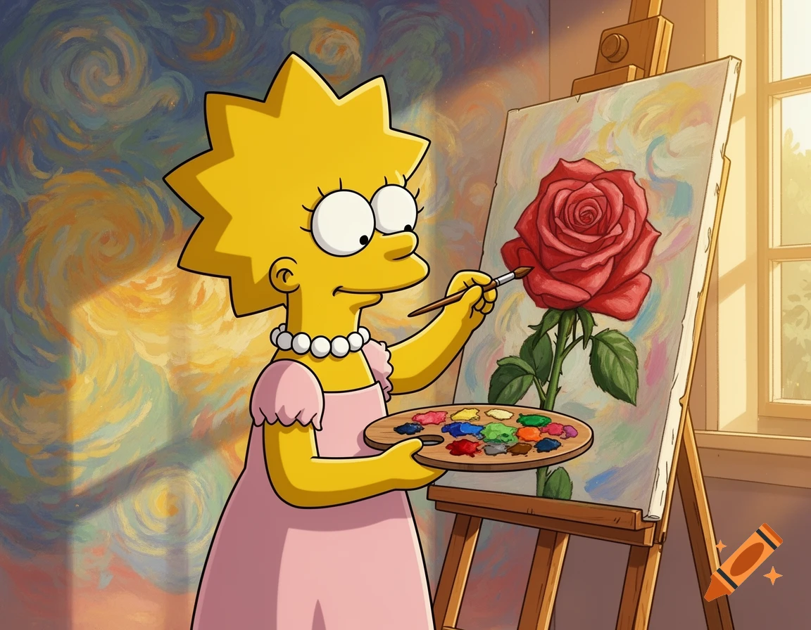 Lisa Simpson painting a red rose on an easel, holding a palette and brush, with a swirling Van Gogh-style background.