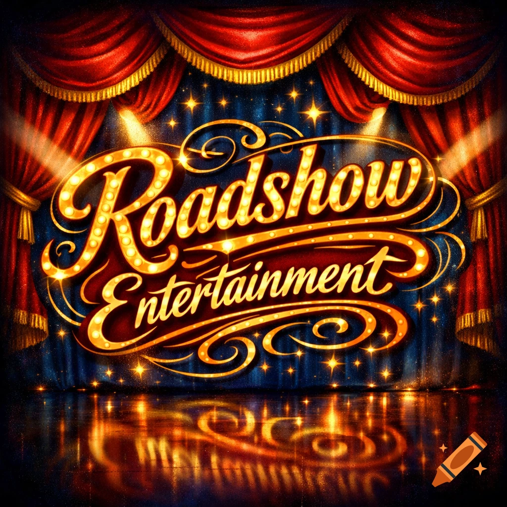 A vibrant 'Roadshow Entertainment' logo in marquee lights on a stage with red curtains and a reflective floor.