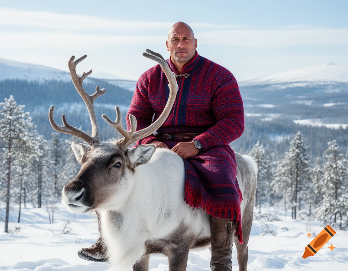 Dwayne Johnson, in a red and blue traditional outfit, rides a reindeer through a snowy, tree-lined landscape.