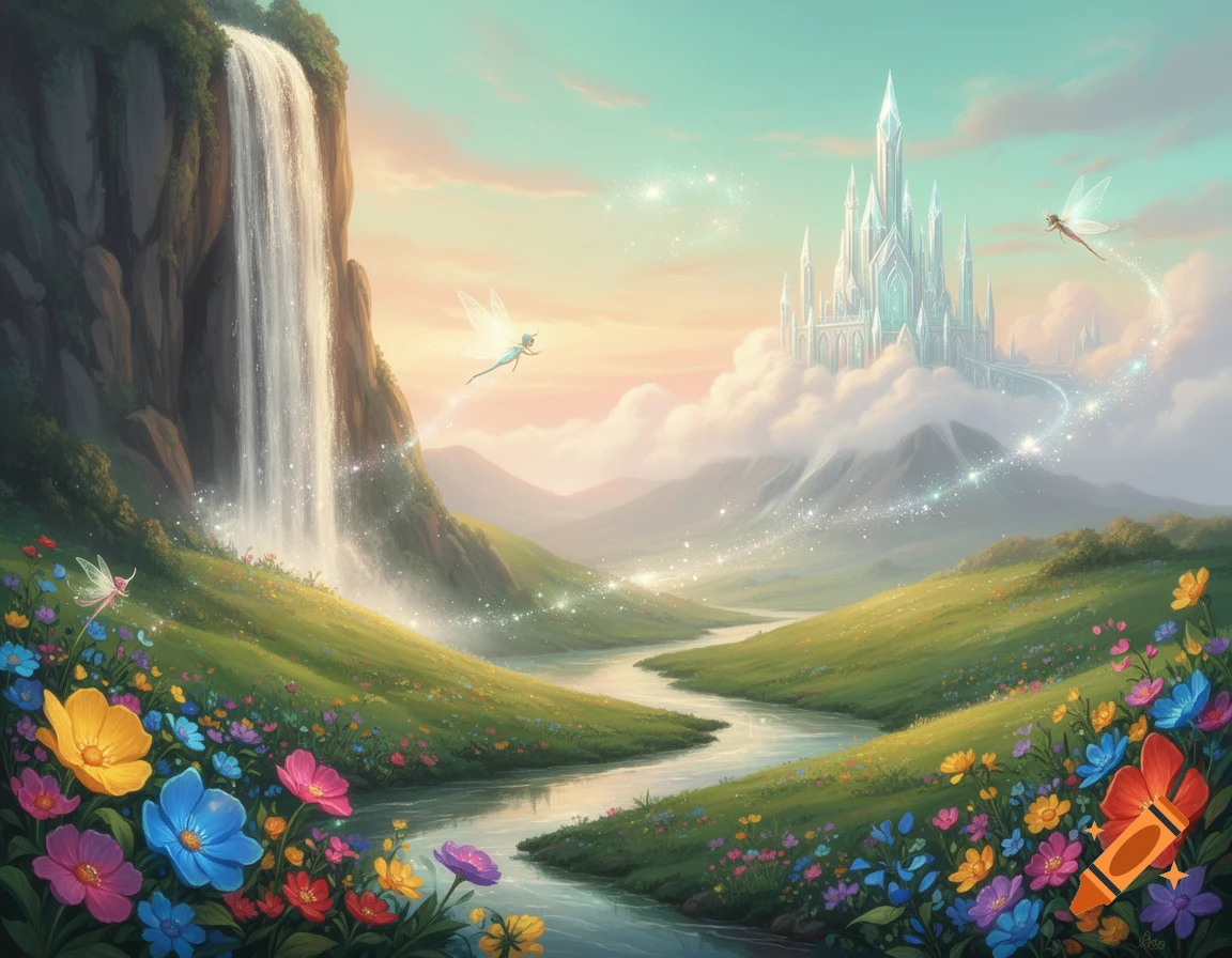A magical fantasy landscape with a large waterfall, a winding river, colorful wildflowers, flying fairies, and a glistening castle in the clouds.