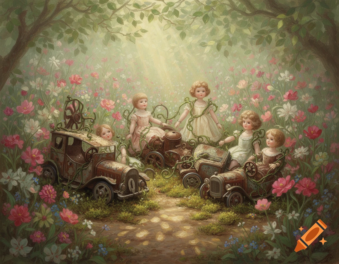Antique dolls and wind-up toys are half-buried in moss and colorful flowers in a dreamy, whimsical garden clearing with painterly textures.