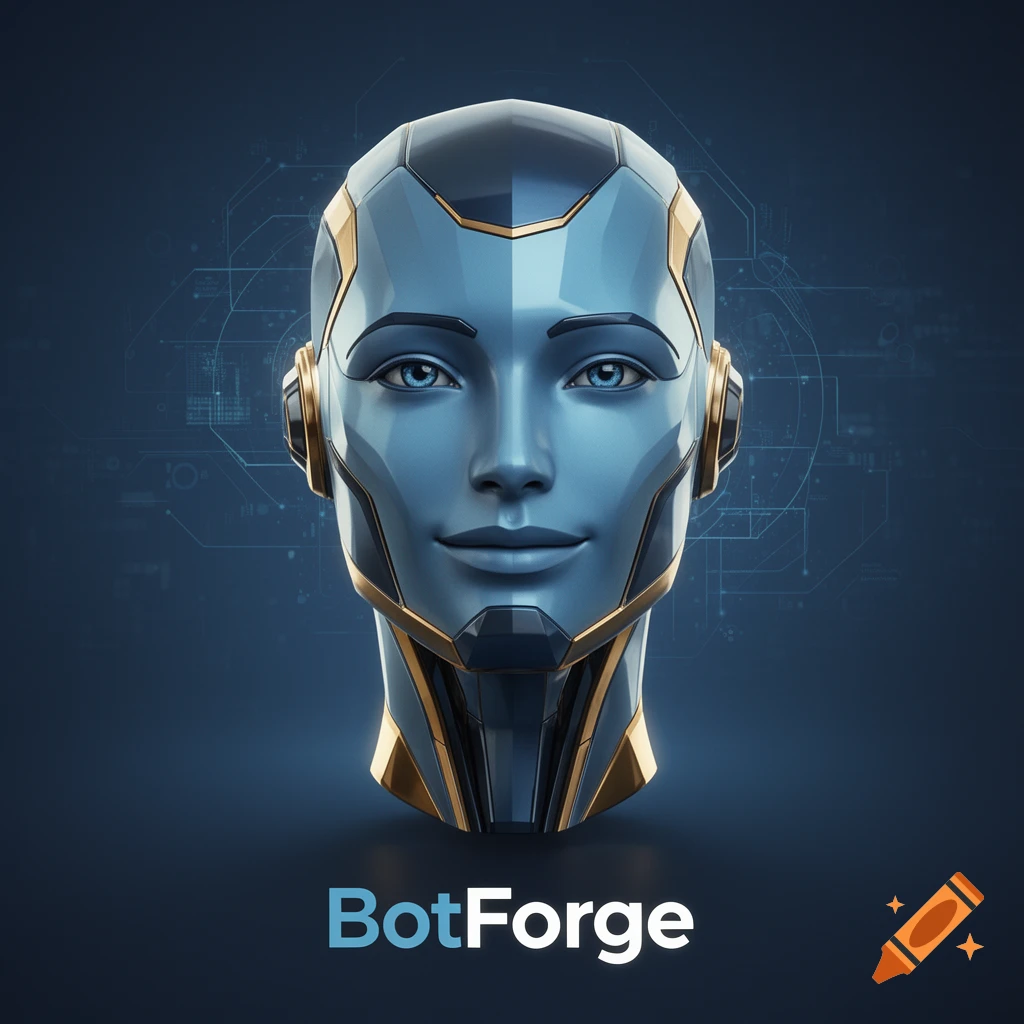 Futuristic blue and gold robotic head with a human face and 'BotForge' text on a dark blue tech background.