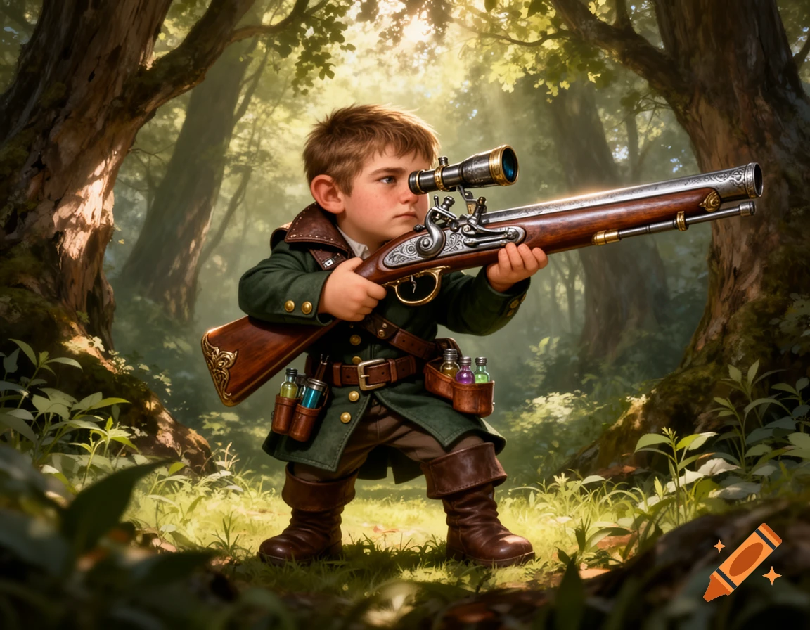 A young boy in a green fantasy outfit holds a musket with a scope in a sunlit forest.