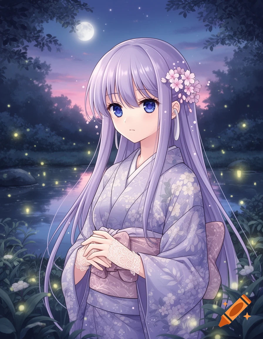 Anime girl with long purple hair in a floral kimono, hands clasped, by a moonlit pond with fireflies.