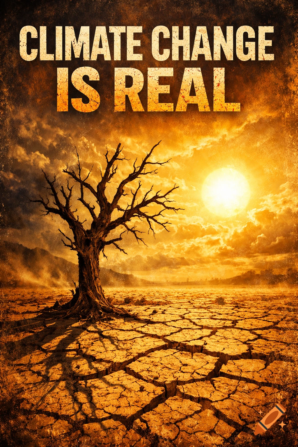 A desolate desert landscape with cracked earth, a bare dead tree, and a fiery orange sky with a bright sun. Text at the top reads, "CLIMATE CHANGE IS REAL".