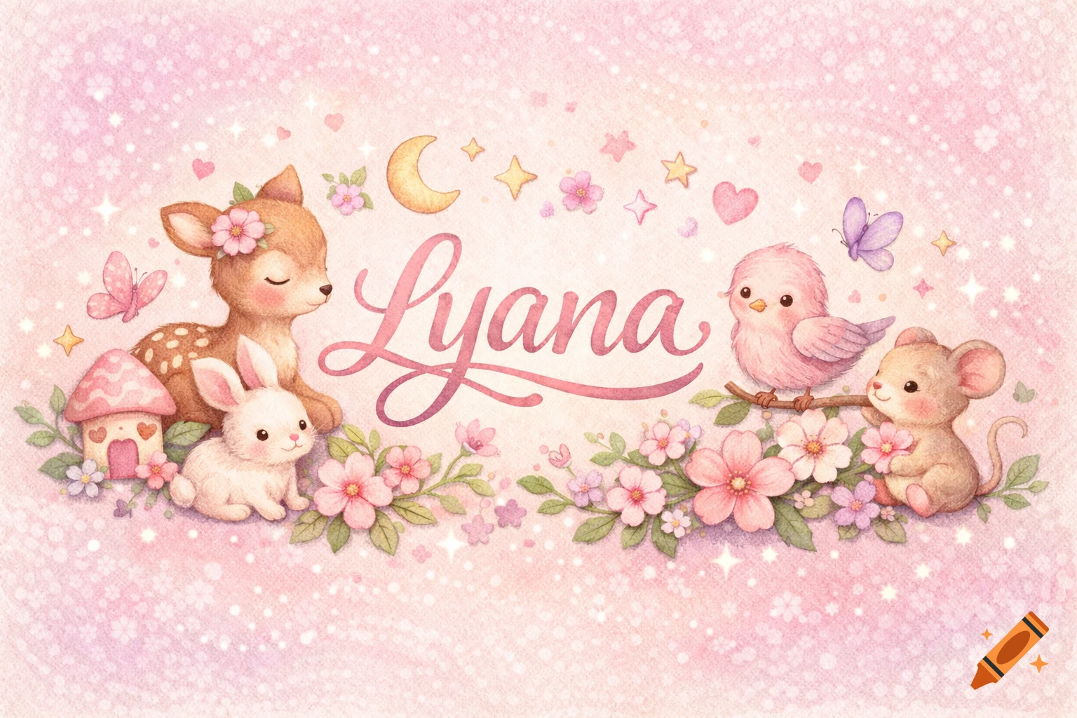 Watercolor illustration of a fawn, bunny, bird, and mouse among pink flowers and a mushroom, with the name 'Lyana' on a sparkling pink background.