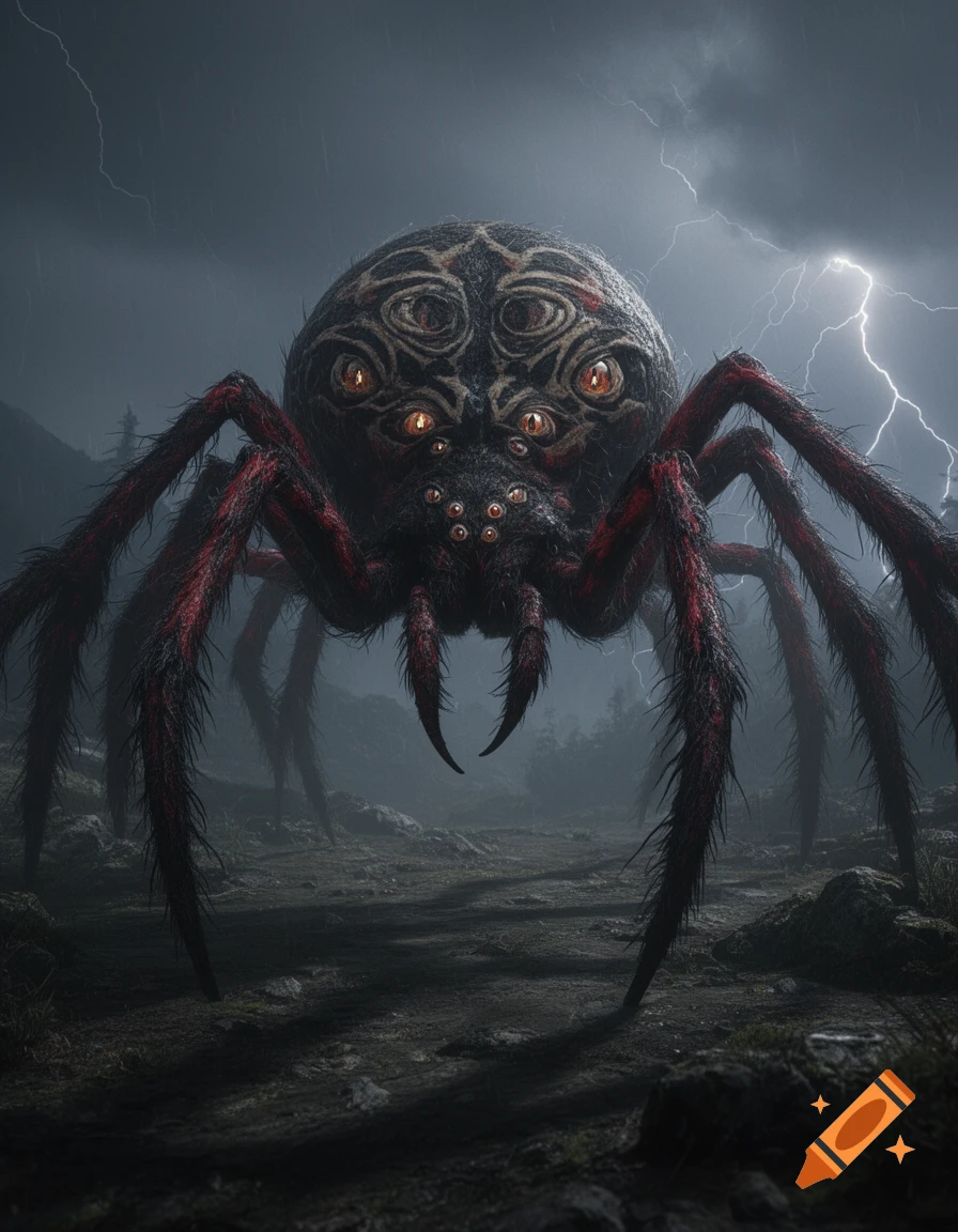 A photorealistic giant spider monster with many glowing red eyes and hairy red legs in a stormy, misty forest with lightning.