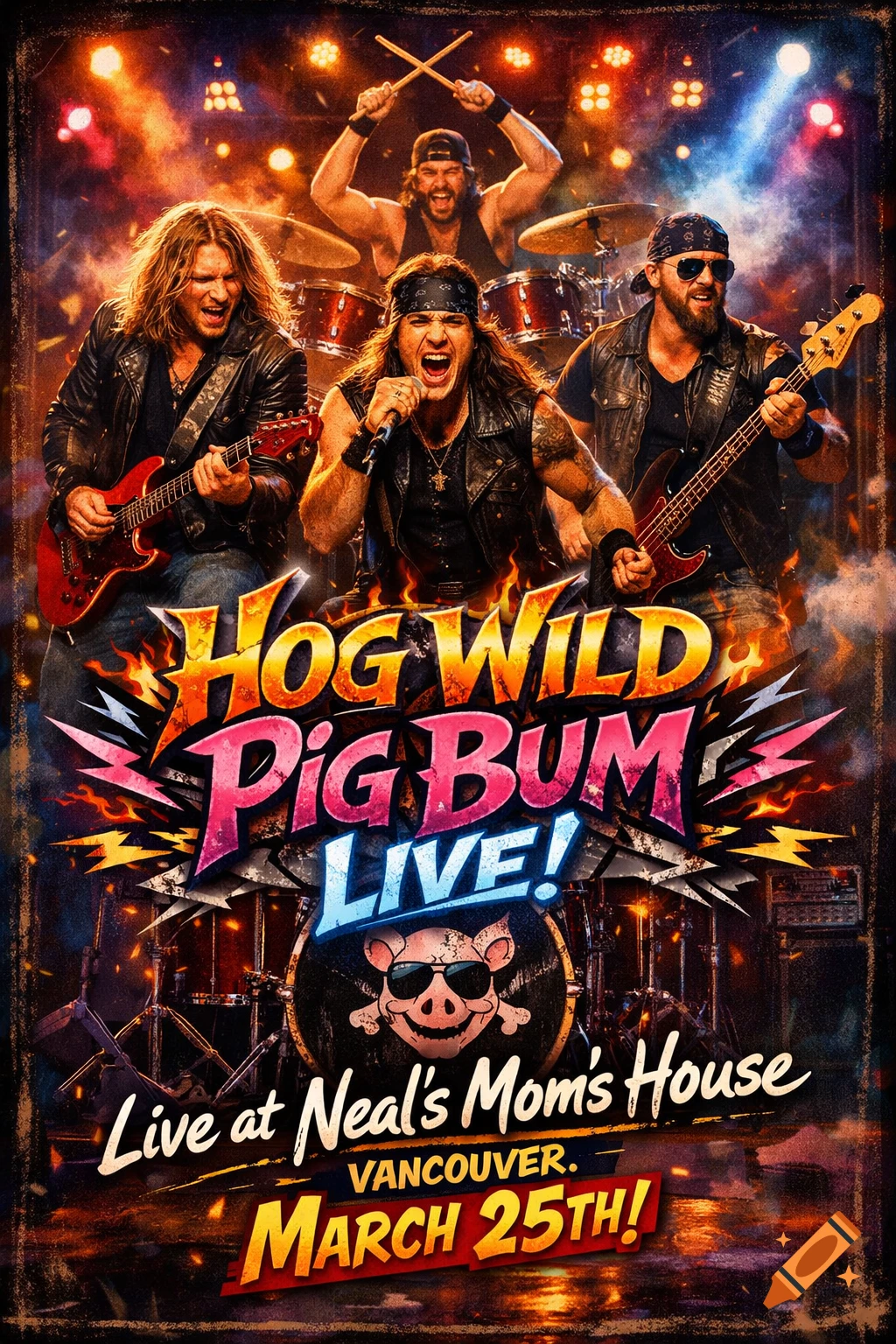 Promotional poster for rock band Hog Wild Pig Bum, featuring four musicians performing on stage with bright lights.