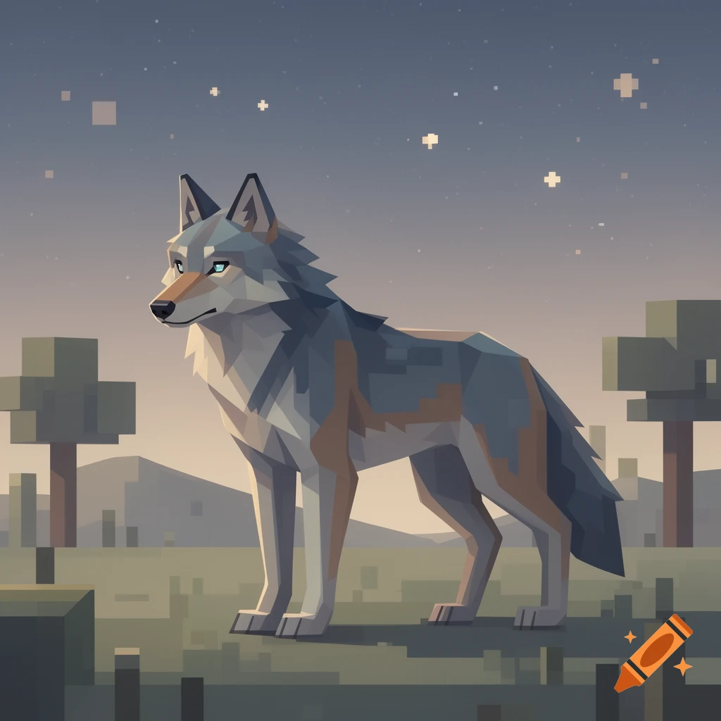 Pixel art wolf stands in a blocky landscape under a starry sky.