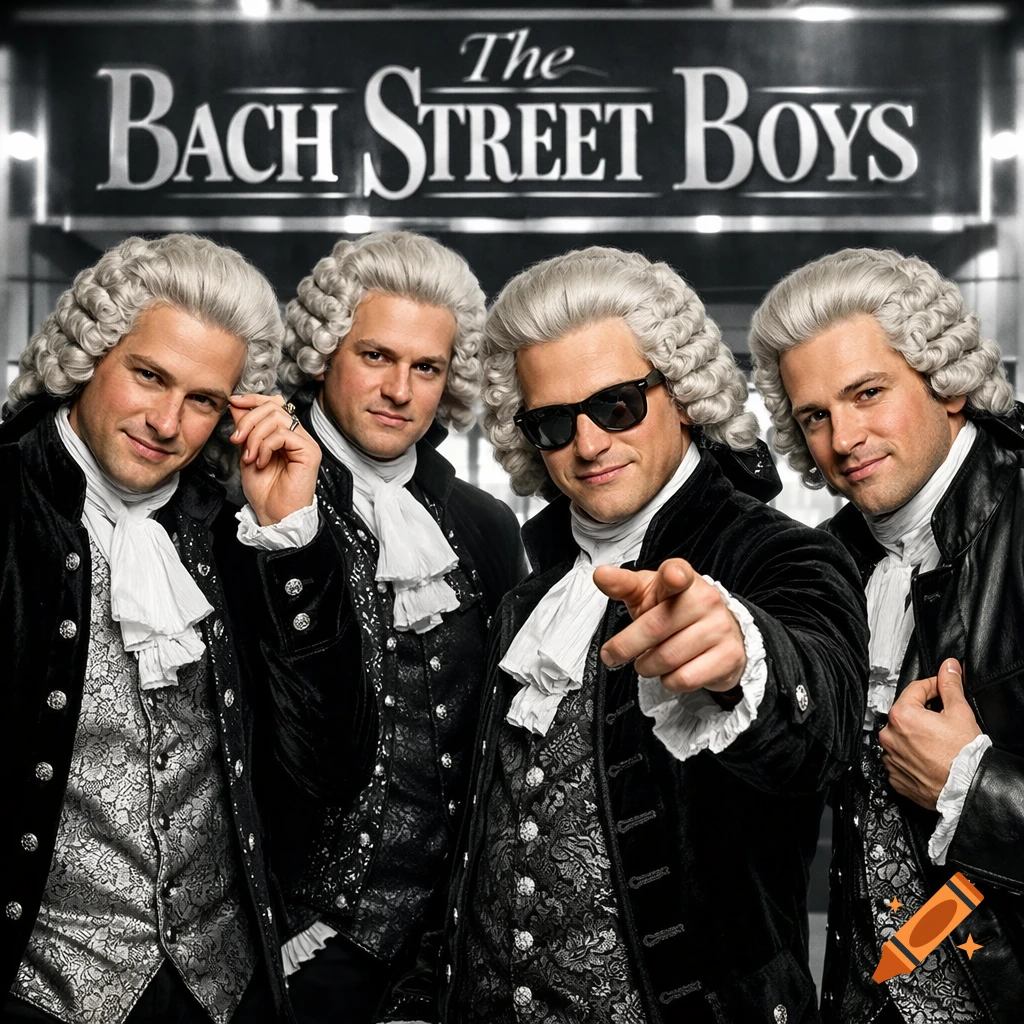 Four men in white baroque wigs and ornate black coats pose for an album cover titled 'The Bach Street Boys', one pointing.