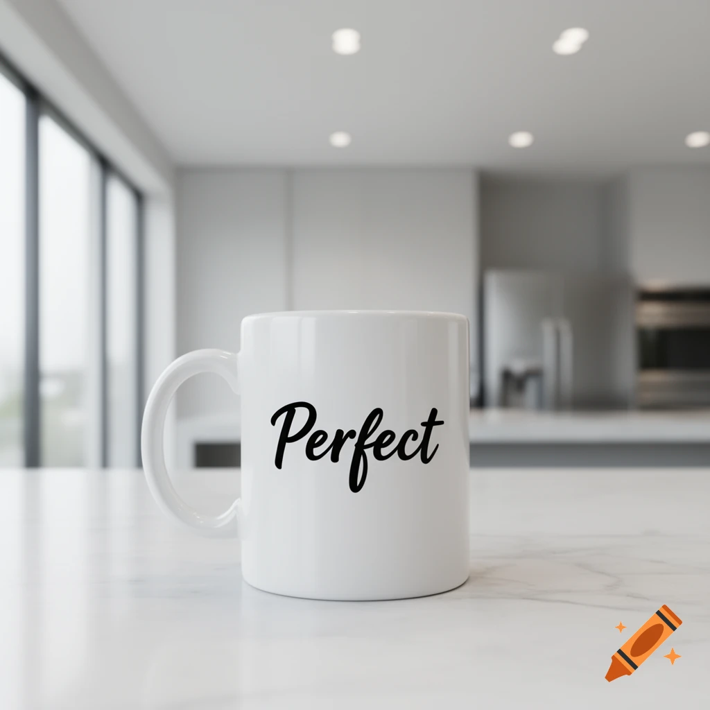 A white coffee mug with the word "Perfect" in black script, on a white marble counter in a modern kitchen.