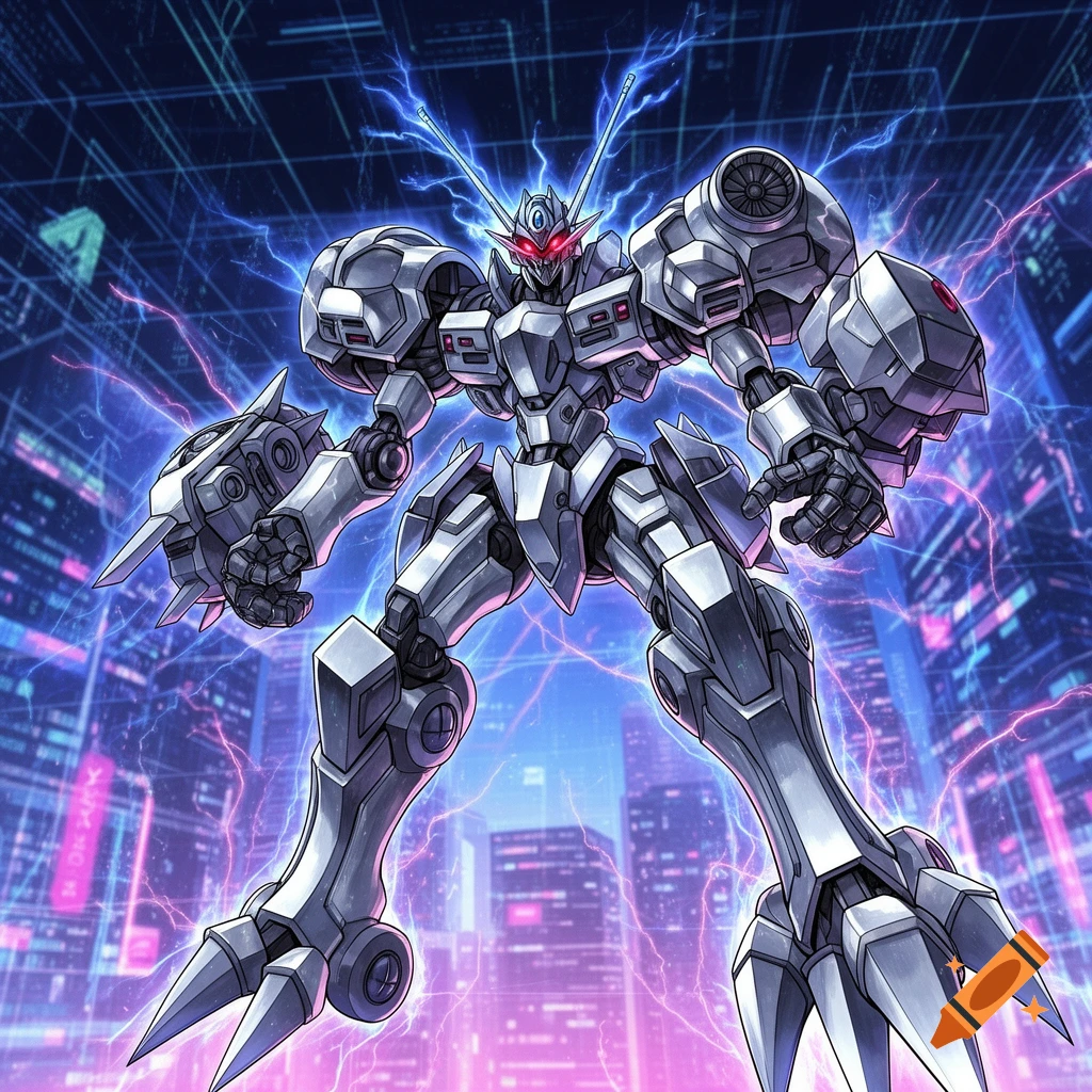 A powerful silver mecha with red eyes and glowing blue antennae stands in a futuristic city, surrounded by purple and blue lightning.