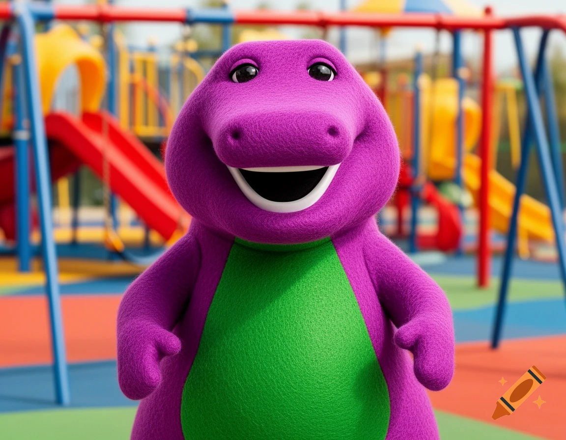 Barney the purple dinosaur smiles broadly in a colorful outdoor playground.