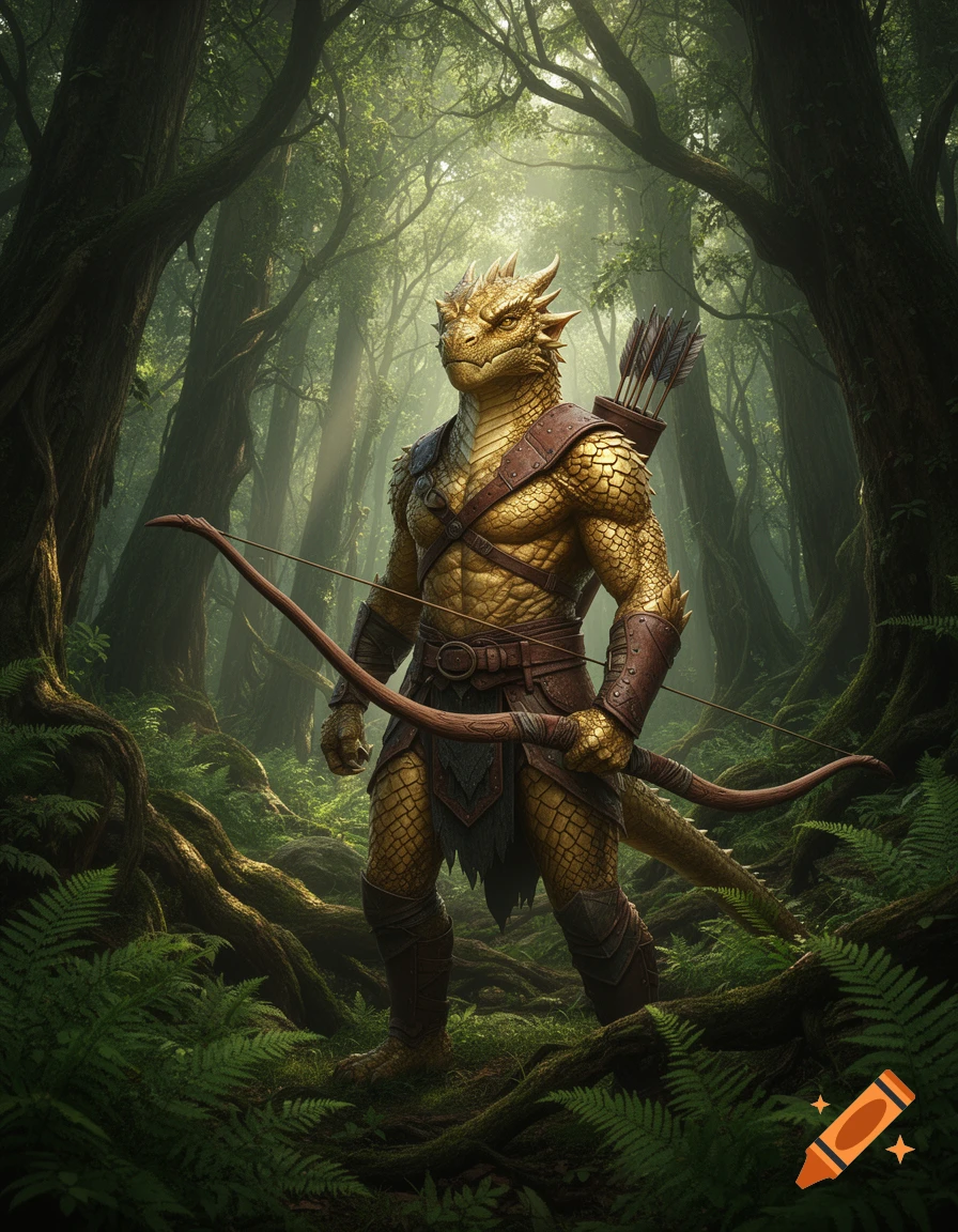 A gold-scaled Dragonborn ranger with a bow and quiver stands in a lush, sunlit fantasy forest.