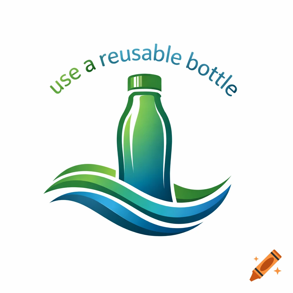 A green and blue logo featuring a reusable bottle surrounded by wave-like elements, with the text 'use a reusable bottle' curved above it.