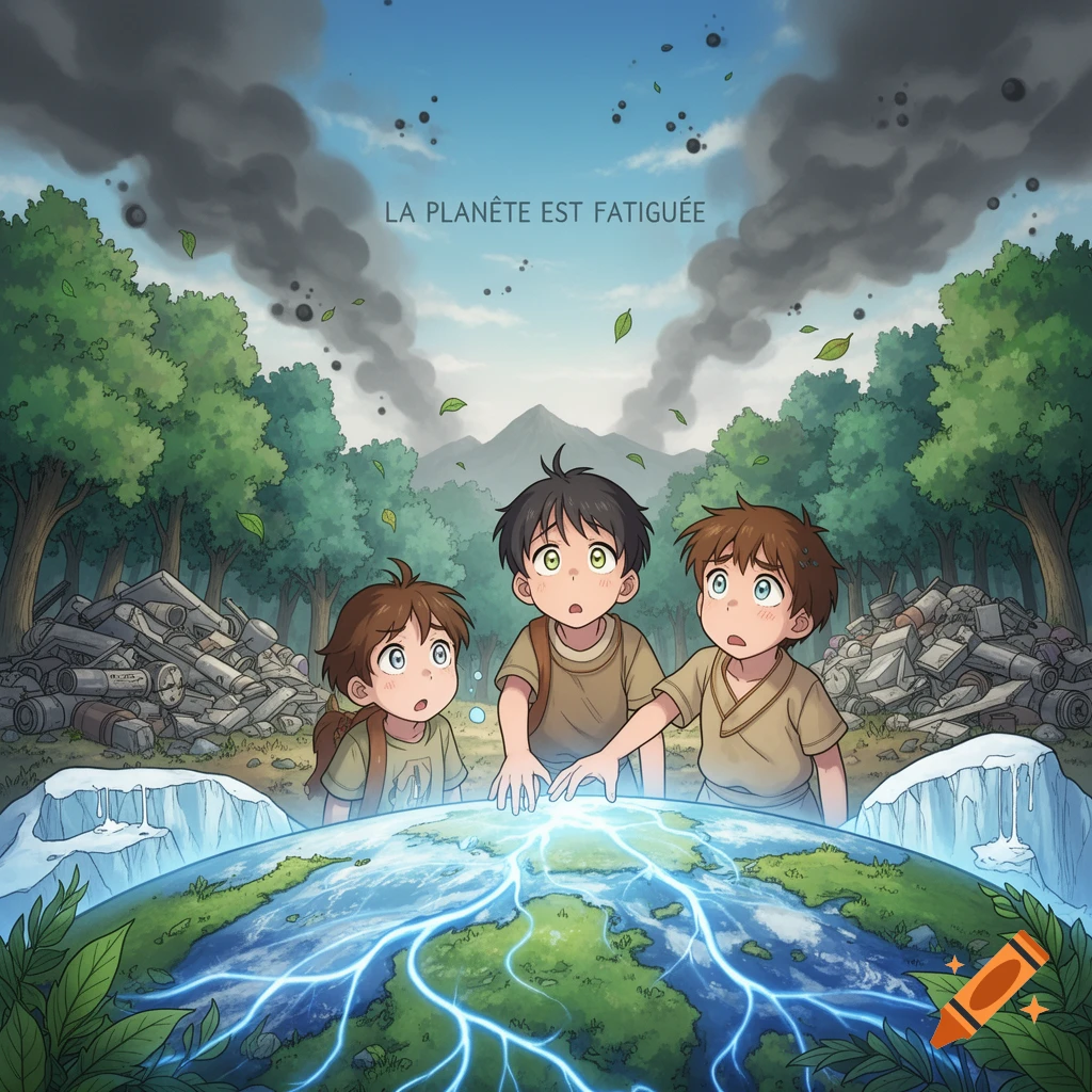 Three anime children look at a glowing Earth surrounded by pollution and melting glaciers, with text 'LA PLANÈTE EST FATIGUÉE' in the sky.